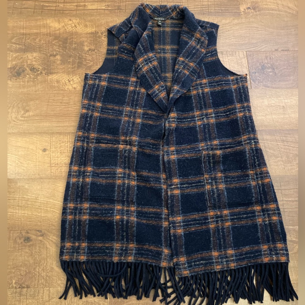 TRIBAL Plaid Bottom Fringe Wool Blend Vest in Dark Ocean Women’s L